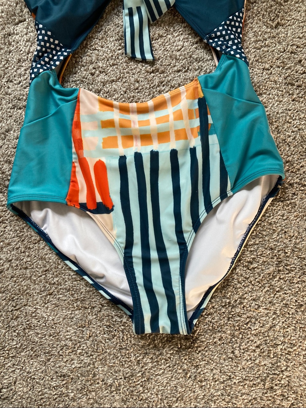 Nani Ray High Tide One Piece Swimsuit POCKETS Cut out Tie front Patchwork sz L - Picture 6 of 11
